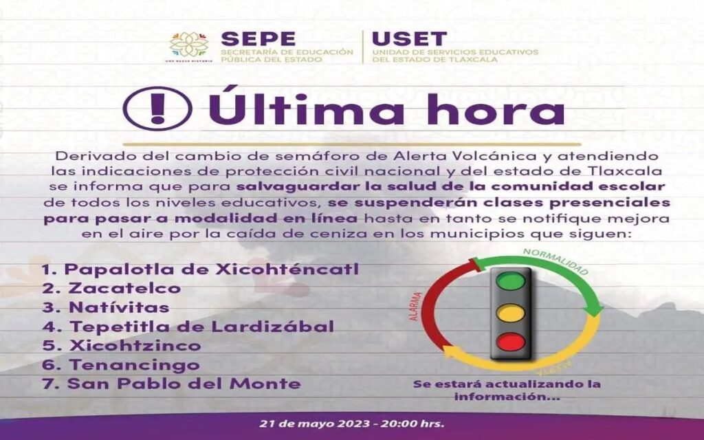 Suspenden clases presenciales en 7 municipios de Tlaxcala por caída de ceniza